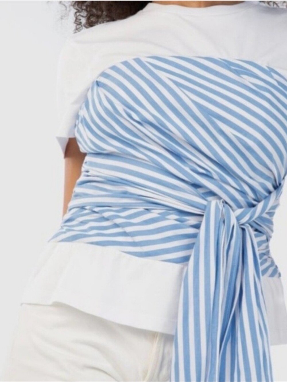 Tanya Taylor White Tee with Blue-Striped Draped Sash